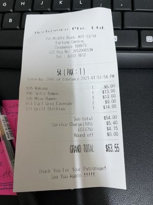 Receipt at Herbivore Japanese Vegetarian Restaurant in Central Singapore