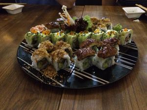 Amazing vegan sushi!  Here is their eel, salmon and our personal favorite - the avocado roll :)  Ask for their vegan mayo if you're keen to try it. at Herbivore Japanese Vegetarian Restaurant in Central Singapore