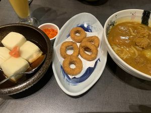 Soft Tofu, calamari, curry noodles   at Herbivore Japanese Vegetarian Restaurant in Central Singapore