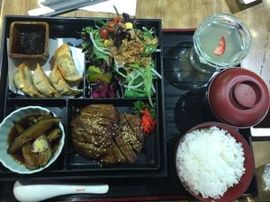 Gyoza bento box with mock meat at Herbivore Japanese Vegetarian Restaurant in Central Singapore