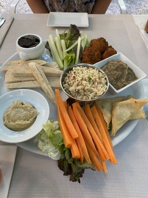 starter plate with hummus, falafel, olive paste, etc   at Bellaverde in Mallorca