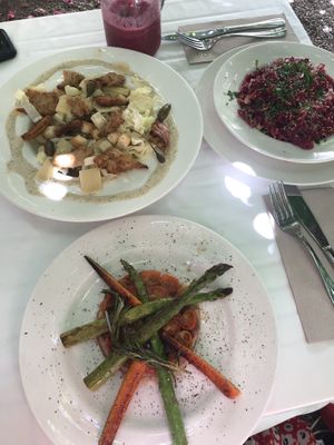 Caesar salad and Gluten free beetroot noodles at Bellaverde in Mallorca