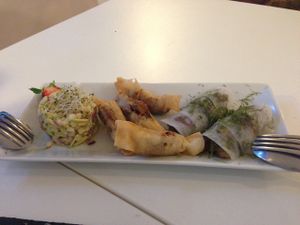 Sundried tomato and nut filo parcels, Avo/Apple/Onion stack, dill and tomato wraps.  at Bellaverde in Mallorca