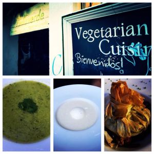 Green Gazpacho / White Gazpacho with Wasabi ice cream / Paquete de patata ahumada (parcel of smoked potatoes)   at Bellaverde in Mallorca