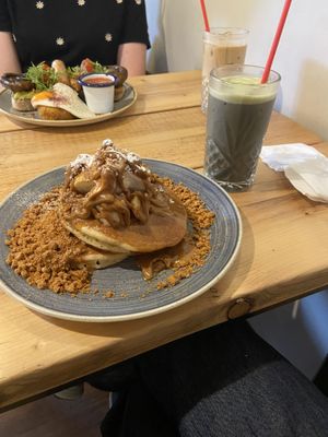 Biscoff Banana Pancakes with veg cream cheese frosting and iced blueberry matcha!  at No 33 in Norwich