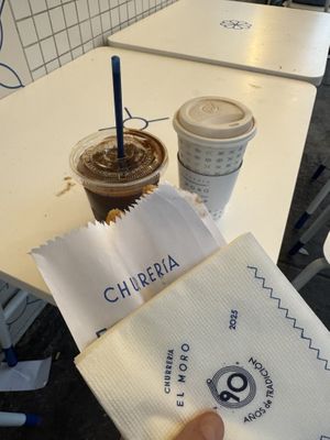 Chocolate de agua hot and cold plus churros with cinammon/ sugar mix  at Churrería El Moro in Mexico City