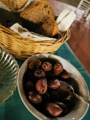 Bread with olives at Lucciola Organic Bistro in Corfu