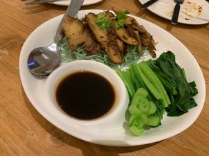 Green noodles with ‘duck'  at VEGAN PHUKET in Phuket