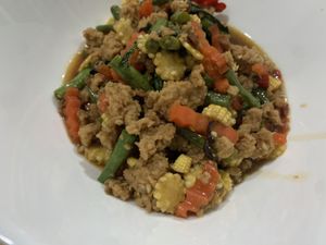 Stir fried holy basil with minced ‘pork’ my new favourite dish 👌🏽  at VEGAN PHUKET in Phuket