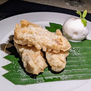 Vegan fried banana and coconut ice cream at the Hibachi grill at Ayada Maldives in Maguhdhuvaa Island