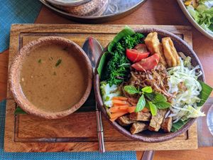 The chef made a special tempeh and tofu with peanut sauce at Ayada Maldives in Maguhdhuvaa Island