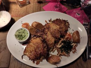 Hash browns with Vegan sauceages at Garage in Riga