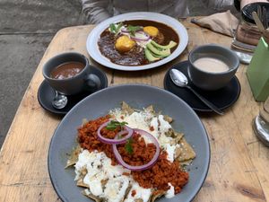 Chilaquiles verde with vegan chorizo, Marley eggs - both fantastic!  at Pan Comido - Roma Norte in Mexico City