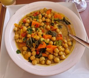 Chickpea and spinach curry. Tasty enough but doesn't come with rice at Natura Coffee Shop in Praia