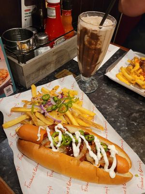 Vegan Dog Served with Lava Fries and Vegan Chocolate Chip Shake at Frankie & Benny's in Chester