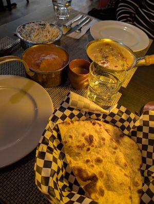 Vegan butter chicken, jeera rice, and roti at Khau Gully in Toronto