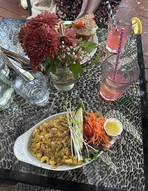 Cashew mac&cheese (10$) and hibiscus lemonade (4$) at Cafe Santropol in Montreal
