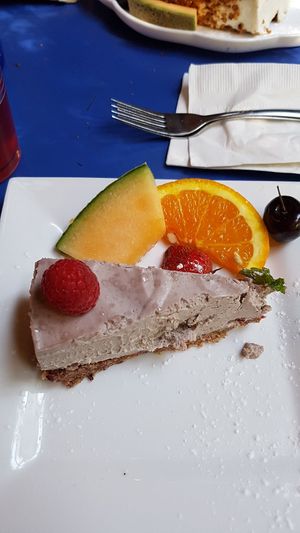 Raw rasberry vegan cake at Cafe Santropol in Montreal