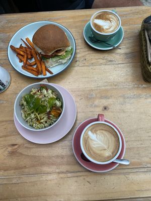 Vegan burger, almond milk coffee and vegan pesto pasta salad.   at Millie Mae's Pantry in Kangaroo Island