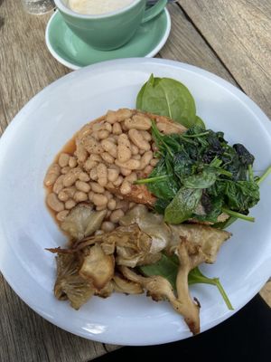 Baked beans on toast (add mushroom and spinach)  at Millie Mae's Pantry in Kangaroo Island