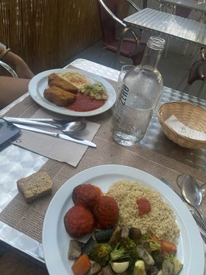 Seitan meatballs and seitan escalopines  at Amaltea in Barcelona