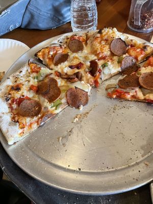 Vegan pepperoni and peppers/onions   at Wood Fired Pizza in Thomas
