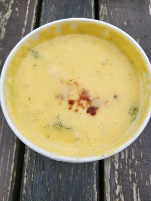 yellow peas soup cream with chili powder at Red Onion in Craiova