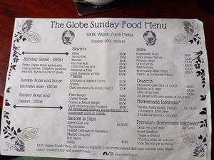 The Sunday menu at The Globe in Glossop