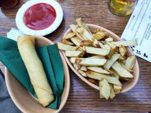 Hot stuff roll and chips at The Globe in Glossop