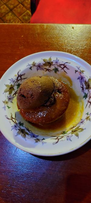 Sticky toffee pudding with chocolate ice cream at The Globe in Glossop