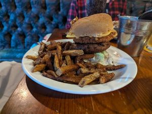 Burger and fries at The Globe in Glossop