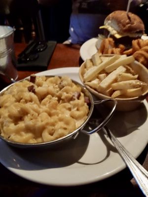 Mac ‘n’ cheese with fries instead of garlic bread   at The Globe in Glossop