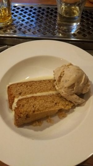 Butterscotch cake with roasted hazelnut icecream at The Globe in Glossop