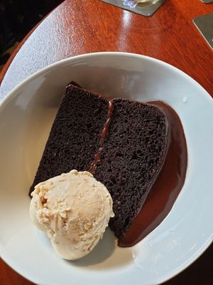 The Globes homemade double choc Cake and homemade vegan crushed hazelnut ice cream at The Globe in Glossop