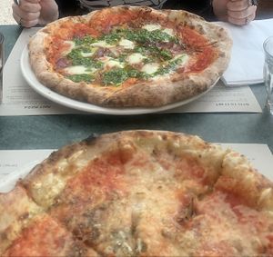 top pizza: veggie special, bottom pizza: regular margarita with vegan violife cheese and mushrooms    at Franco Manca - Brixton in South West London