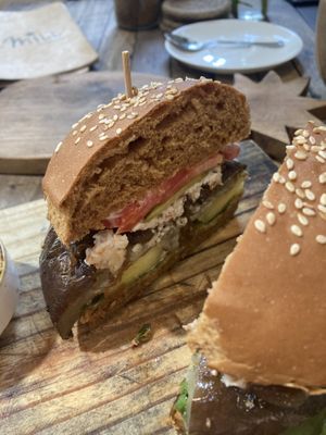 Aubergine burger comes with chips   at The Mill in Palolem
