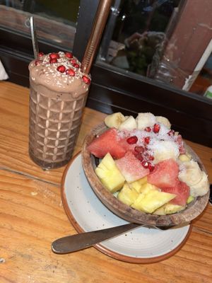 Cacao smoothie & Fruit bowl  at Secret Garden Cafe in Rishikesh