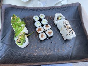 BeVegan 16 piece sushi option. The plate makes it look smaller than it was.  at Sushimore in Caceres