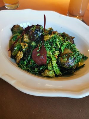 Kale pottage with roasted Brussels sprouts at Kistücsök Étterem in Balatonszemes