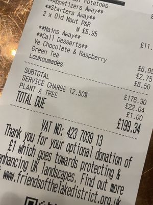 Plant a tree added to the bill, which is lovely   at Olive Tree Brasserie in Stockton Heath