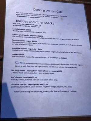 food menu  at Dancing Waters Cafe in Springbrook