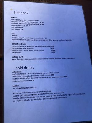 drinks menu  at Dancing Waters Cafe in Springbrook