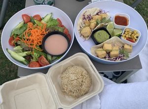 Tacos customized with tofu instead of meat, salad and side of rice  at Naupaka Beach Grill in Kamuela