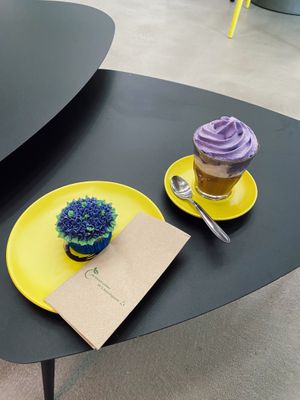 Ube latte and cupcake   at Koun Coffee in Vienna