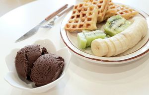 vegan waffles with vegan chocolate ice cream at Laze Oven 레이즈오븐 in Ansan