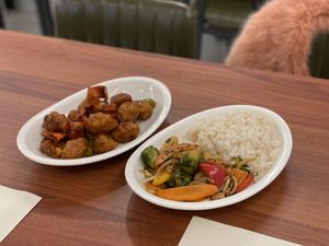 The left dish is old fashioned soy protein meat   at Camouflage in Seoul