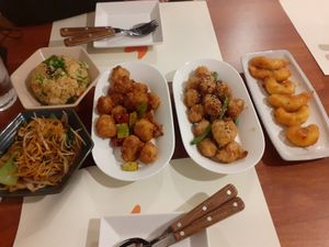 Noodle + rice + 2 kind of vegan "chicken" + vegan "shrimp" at Camouflage in Seoul