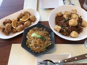 Orange “chicken”, chow mein, tofu rice bowl at Camouflage in Seoul