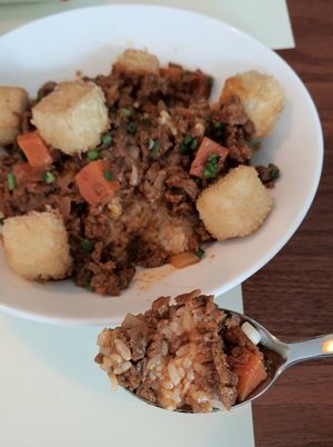 Tofu Crumble Bowl - rice soaks up the spicy sauce at Camouflage in Seoul