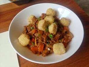 Tofu crumble bowl. Delicious but very spicy. at Camouflage in Seoul